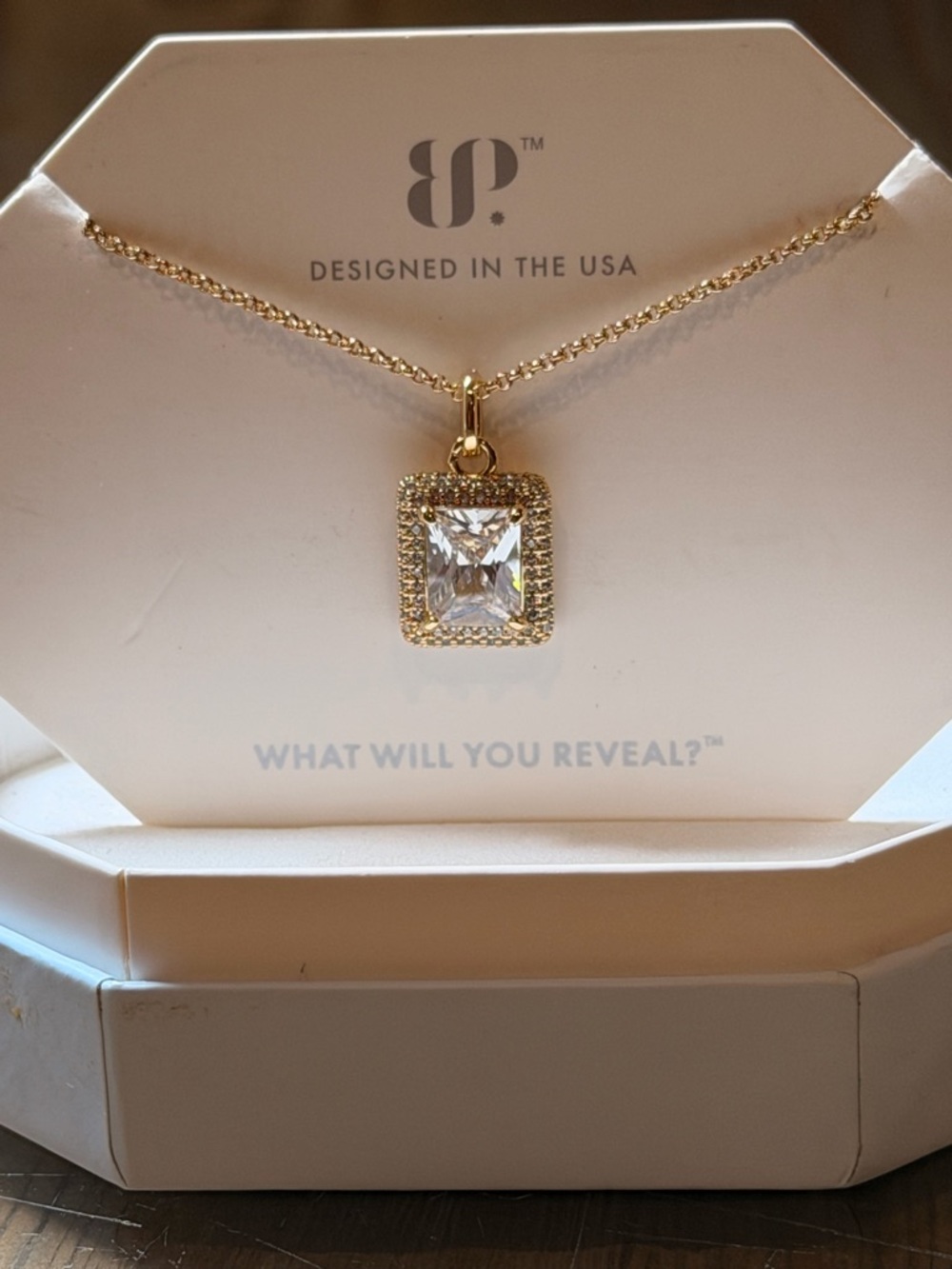 BP NWOT! Gold-Tone Square Halo Pendant Necklace with Clear Stone - Picture 2 of 5